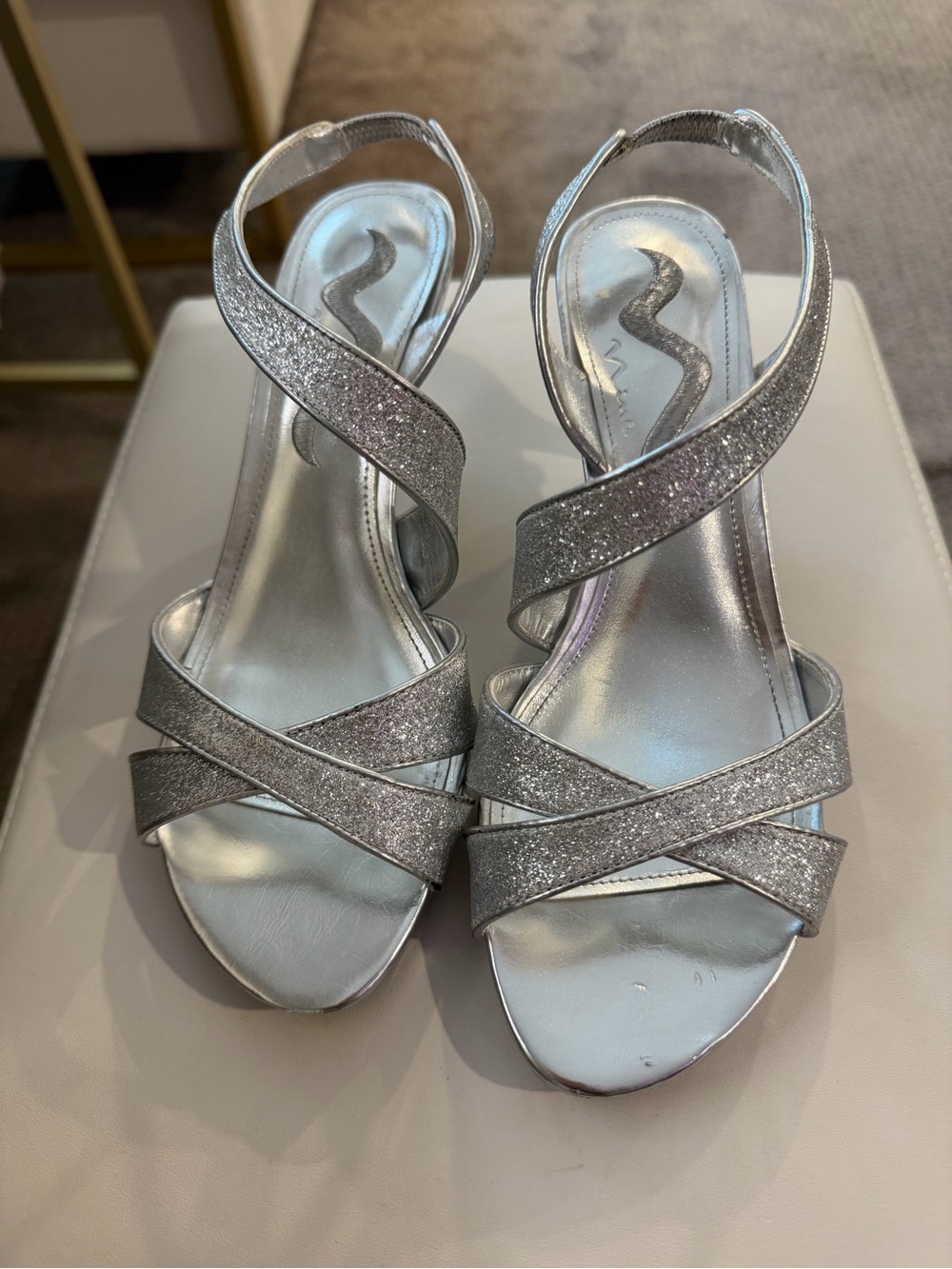 Nina Silver Glitter Crisscross Slingback Heels